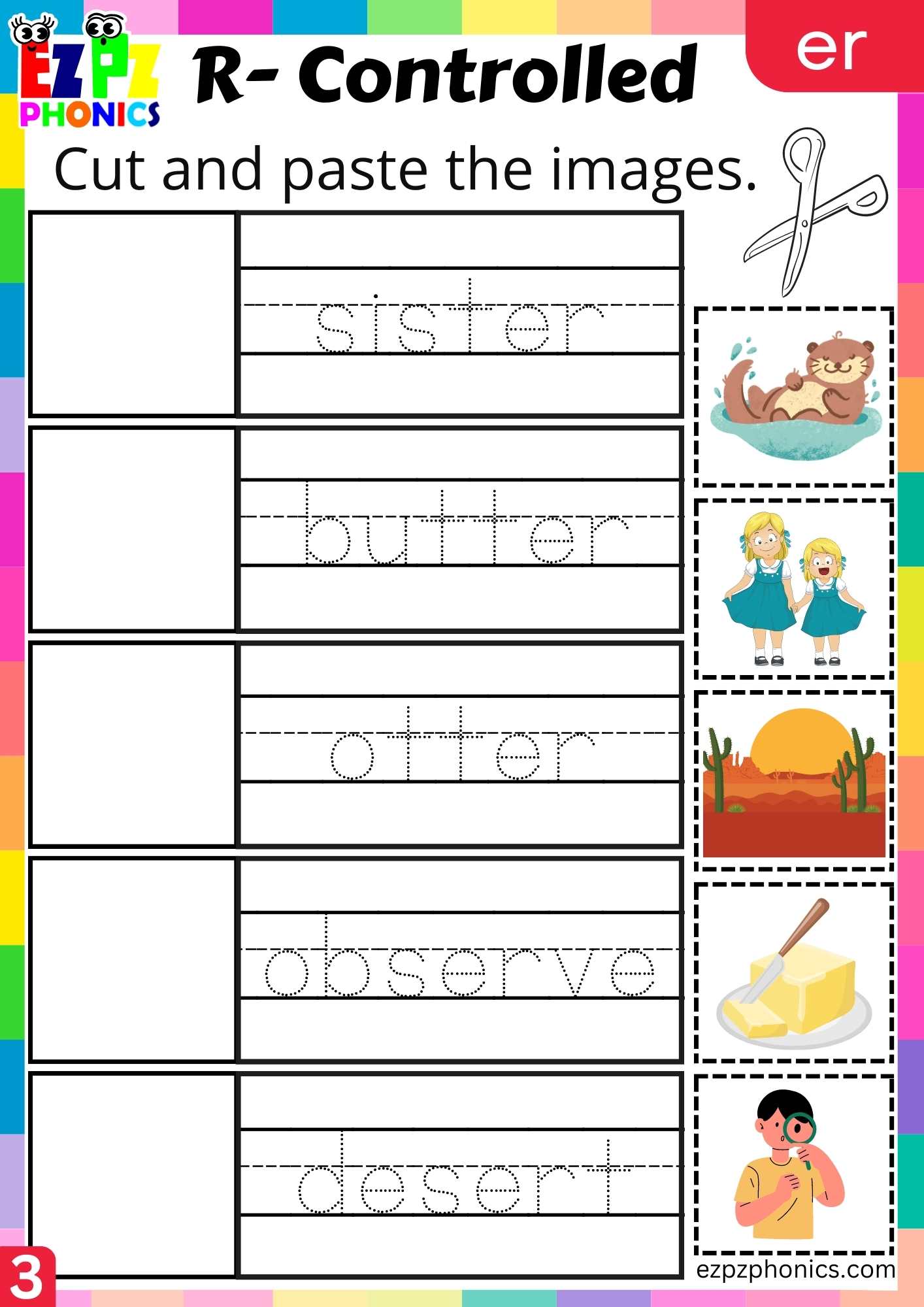 Cut and paste activity for er words R controlled vowels phonics group 3
